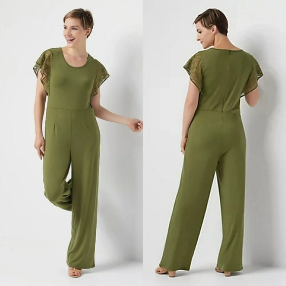 H by Halston Wide Leg Jumpsuit with Lace Sleeves - Picture 1 of 7